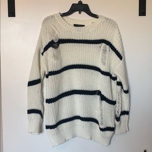 Distressed off-white/cream & black striped sweater